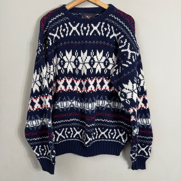 Vintage Eclectic Grandpa Fair Isle Snowflake Sweater Pullover Men's Large Blue - Picture 4 of 11